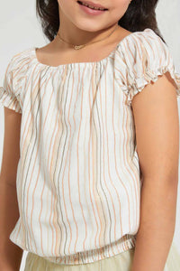 Redtag-Beige-Striped-Blouse-Blouses-Girls-2 to 8 Years