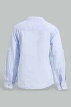 تنزيل الصورة على معرض الصور، Redtag-Blue-Yarndyed-Cut-And-Sew-Mandarin-Long-Sleeve-Shirt-Casual-Shirts-Infant-Boys-3 to 24 Months
