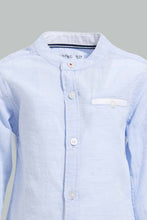 تنزيل الصورة على معرض الصور، Redtag-Blue-Yarndyed-Cut-And-Sew-Mandarin-Long-Sleeve-Shirt-Casual-Shirts-Infant-Boys-3 to 24 Months
