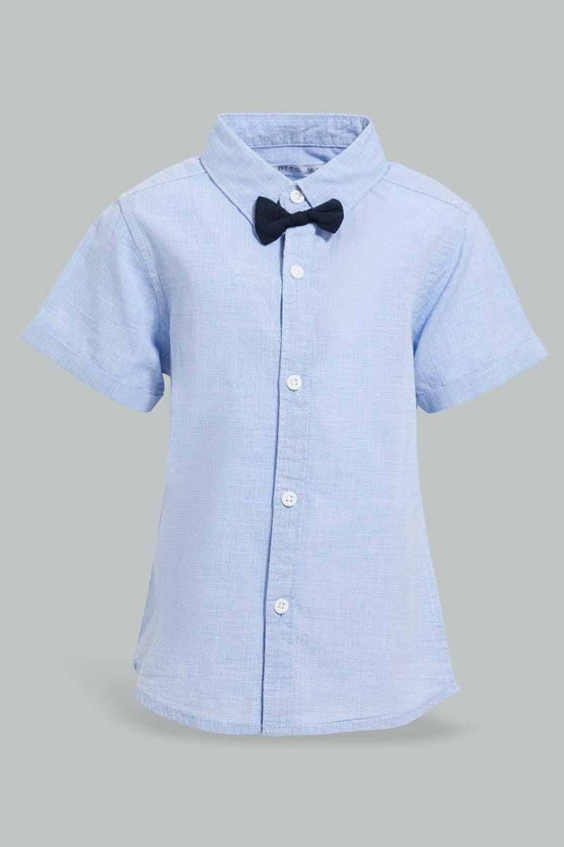 Redtag-Blue-Short-Sleeve-Bow-Shirt-Casual-Shirts-Infant-Boys-3 to 24 Months