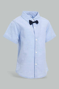 Redtag-Blue-Short-Sleeve-Bow-Shirt-Casual-Shirts-Infant-Boys-3 to 24 Months