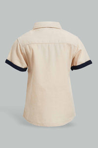 Redtag-White-Dobby-Short-Sleeve-Shirt-With-Brown-Contrast-Pocket-Casual-Shirts-Infant-Boys-3 to 24 Months