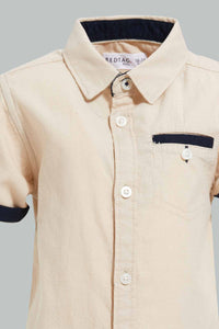 Redtag-White-Dobby-Short-Sleeve-Shirt-With-Brown-Contrast-Pocket-Casual-Shirts-Infant-Boys-3 to 24 Months