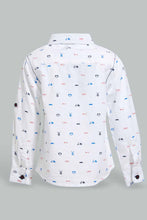 Load image into Gallery viewer, Redtag-White-Bike-Printed-Long-Sleeve-Shirt-With-Roll-Up-Casual-Shirts-Infant-Boys-3 to 24 Months
