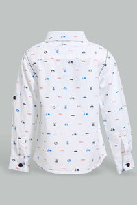 Redtag-White-Bike-Printed-Long-Sleeve-Shirt-With-Roll-Up-Casual-Shirts-Infant-Boys-3 to 24 Months