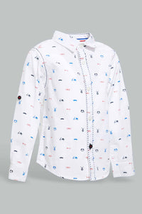 Redtag-White-Bike-Printed-Long-Sleeve-Shirt-With-Roll-Up-Casual-Shirts-Infant-Boys-3 to 24 Months