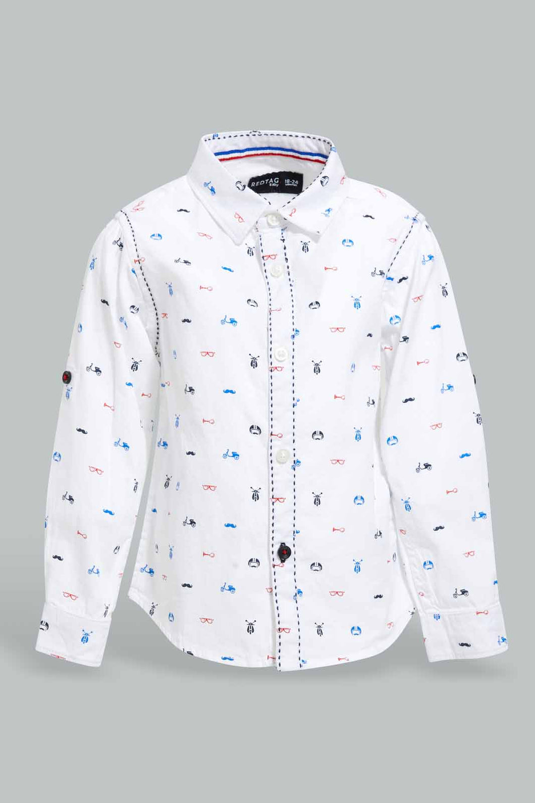 Redtag-White-Bike-Printed-Long-Sleeve-Shirt-With-Roll-Up-Casual-Shirts-Infant-Boys-3 to 24 Months