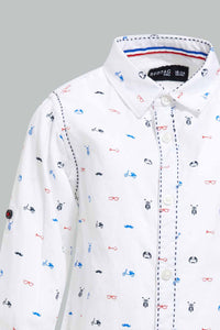 Redtag-White-Bike-Printed-Long-Sleeve-Shirt-With-Roll-Up-Casual-Shirts-Infant-Boys-3 to 24 Months