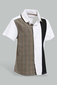 Redtag-Brown-And-White-Cut-And-Sew-Shirt-And-Short-Set-Sets-Infant-Boys-3 to 24 Months