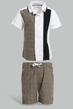 تنزيل الصورة على معرض الصور، Redtag-Brown-And-White-Cut-And-Sew-Shirt-And-Short-Set-Sets-Infant-Boys-3 to 24 Months
