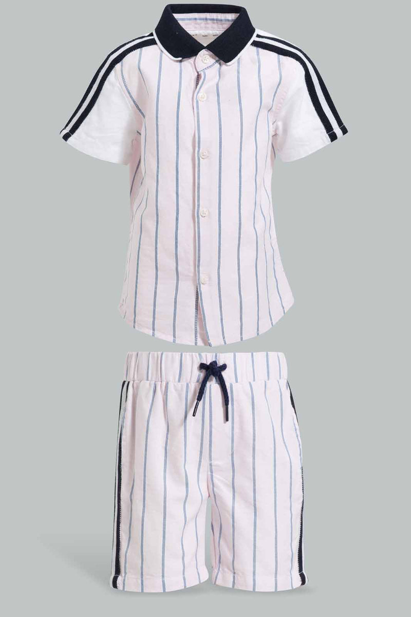 Redtag-Pink-Striped-Shirt-With-Rib-Collar-And-Short-Set-Sets-Infant-Boys-3 to 24 Months