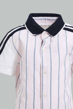 تنزيل الصورة على معرض الصور، Redtag-Pink-Striped-Shirt-With-Rib-Collar-And-Short-Set-Sets-Infant-Boys-3 to 24 Months
