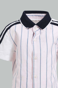 Redtag-Pink-Striped-Shirt-With-Rib-Collar-And-Short-Set-Sets-Infant-Boys-3 to 24 Months