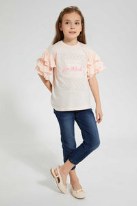 Redtag-Pink-Casual-Jersey-Tops-With-Studs-&--Placement-Print-Embellished-Girls-2 to 8 Years