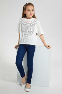 Redtag-White-Casual-Jersey-Tops-With-Studs-&--Placement-Print-Graphic-Prints-Girls-2 to 8 Years