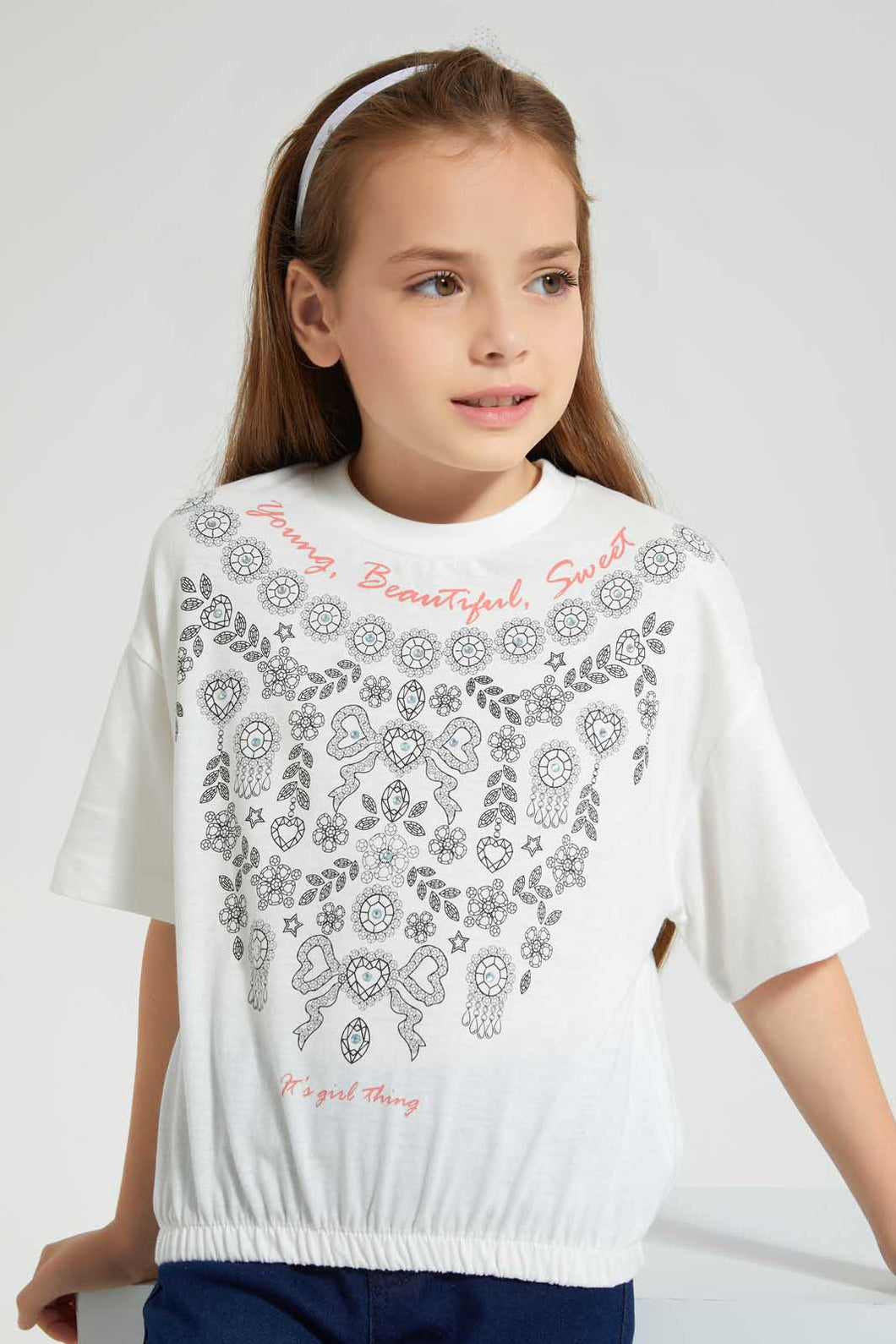 Redtag-White-Casual-Jersey-Tops-With-Studs-&--Placement-Print-Graphic-Prints-Girls-2 to 8 Years