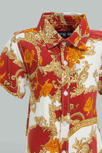 Redtag-Red-And-Gold-Pasley-Printed-Woven-ShorT-Shirt-And-Short-Set-Sets-Infant-Boys-3 to 24 Months