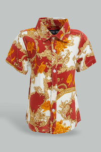 Redtag-Red-And-Gold-Pasley-Printed-Woven-ShorT-Shirt-And-Short-Set-Sets-Infant-Boys-3 to 24 Months