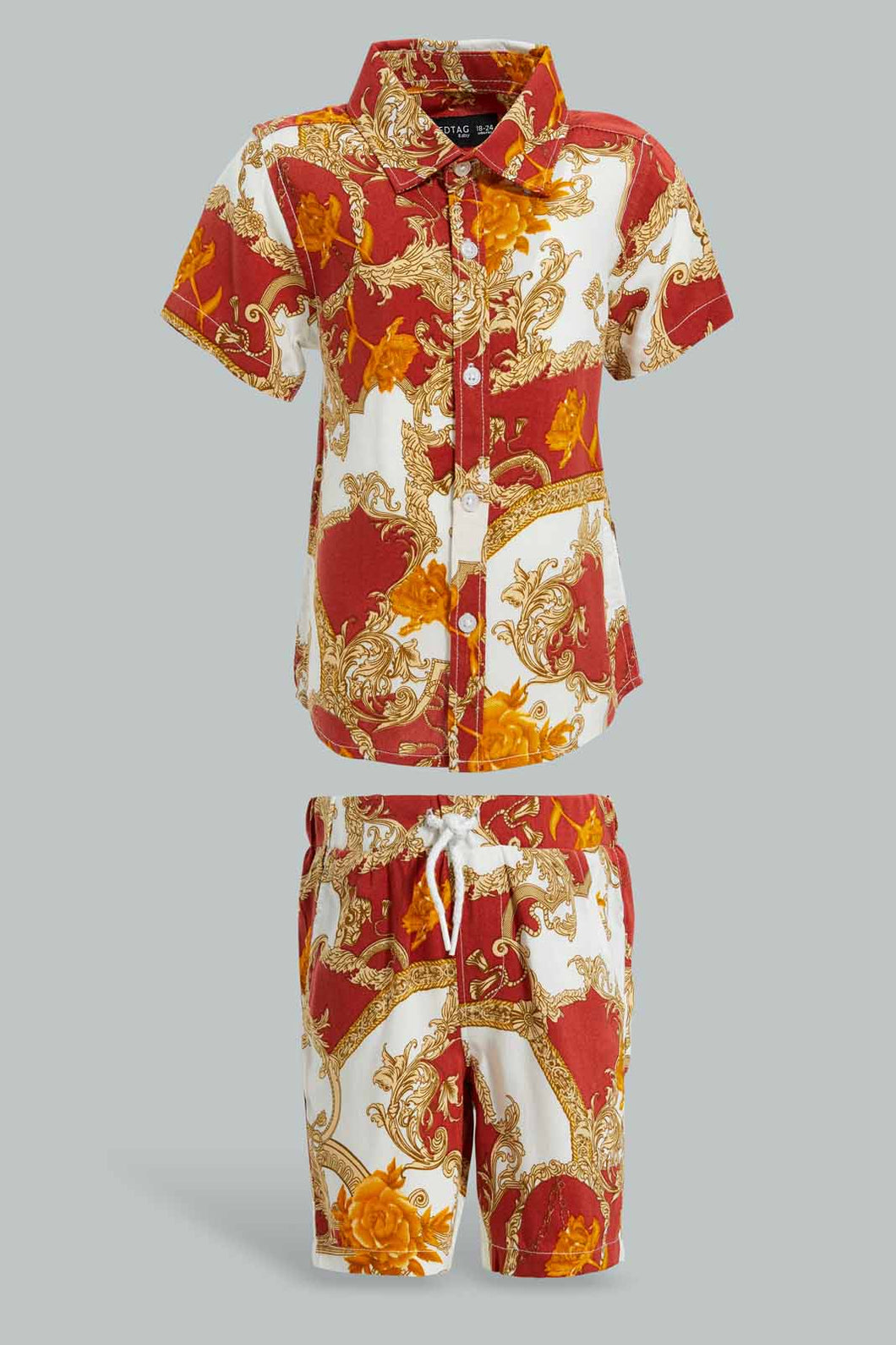 Redtag-Red-And-Gold-Pasley-Printed-Woven-ShorT-Shirt-And-Short-Set-Sets-Infant-Boys-3 to 24 Months