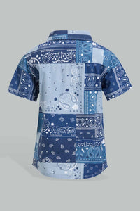 Redtag-Blue-Check-And-Pasley-Printed-Shirt-And-Short-Set-Sets-Infant-Boys-3 to 24 Months