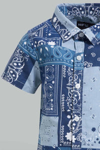 Redtag-Blue-Check-And-Pasley-Printed-Shirt-And-Short-Set-Sets-Infant-Boys-3 to 24 Months