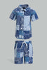 Redtag-Blue-Check-And-Pasley-Printed-Shirt-And-Short-Set-Sets-Infant-Boys-3 to 24 Months