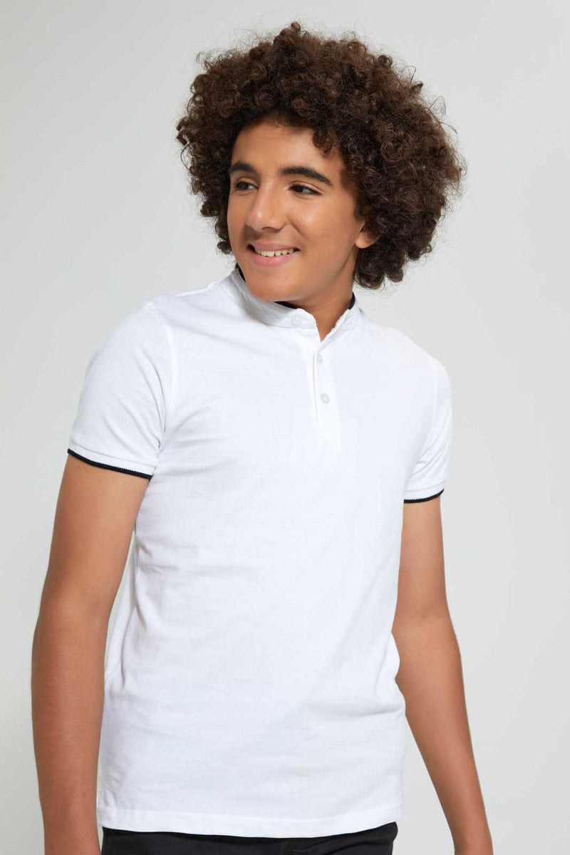 Redtag-White-Plain-Mandarin-Polo-Plain-Senior-Boys-9 to 14 Years