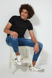 Redtag-Black-Plain-Mandarin-Polo-Plain-Senior-Boys-9 to 14 Years