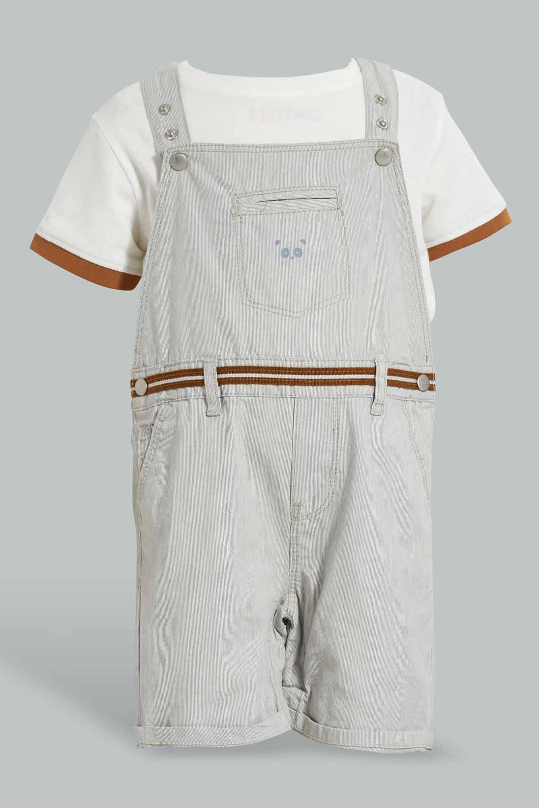 Redtag-Ecru-And-White-Dungaree-Sets-Infant-Boys-3 to 24 Months