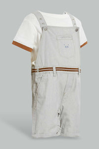 Redtag-Ecru-And-White-Dungaree-Sets-Infant-Boys-3 to 24 Months