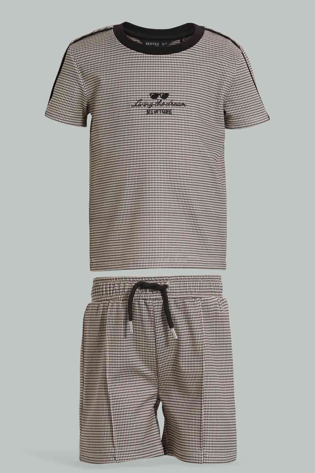 Redtag-Brown-Checked-Top-And-Bottom-Short-Set-Sets-Infant-Boys-3 to 24 Months