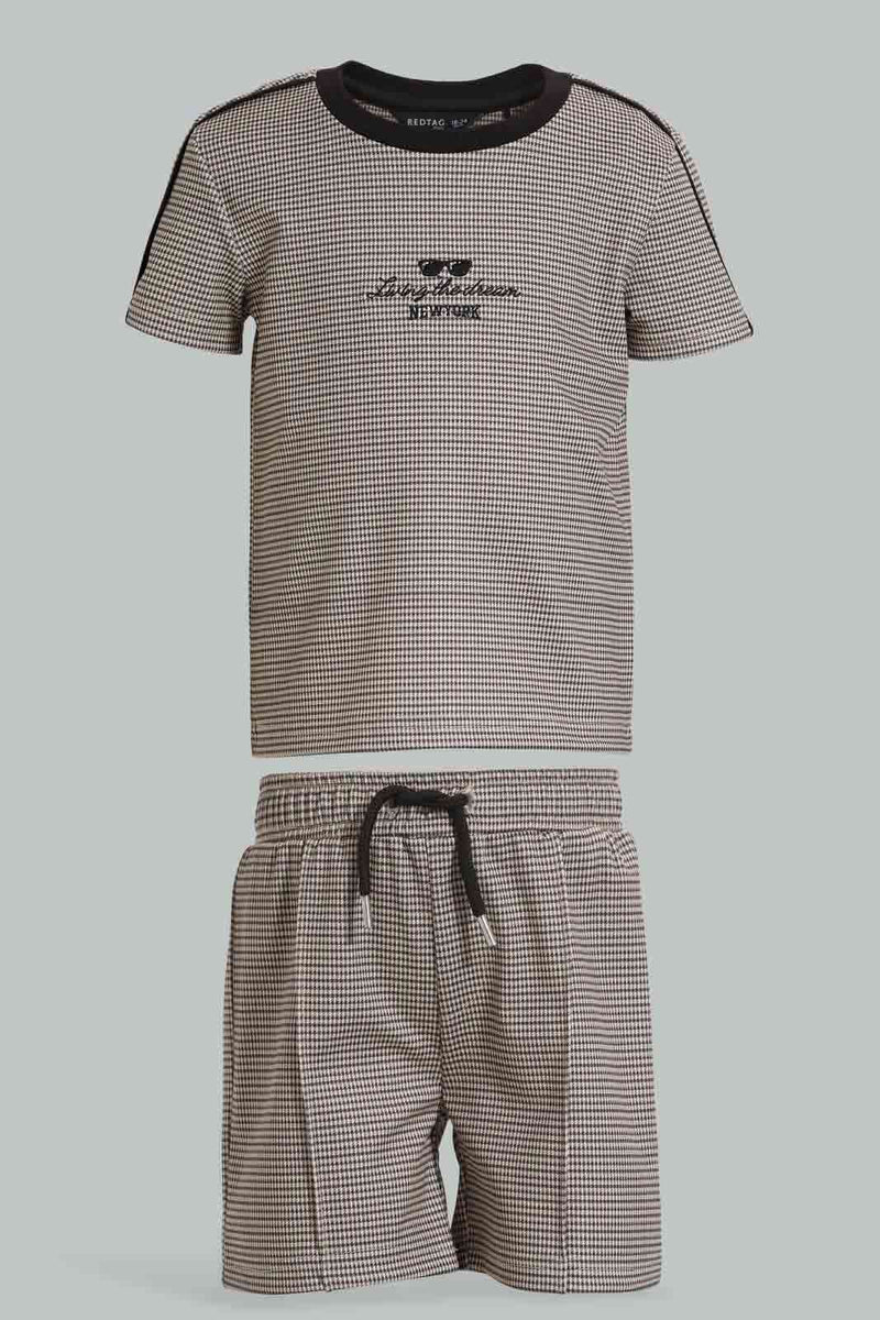 Redtag-Brown-Checked-Top-And-Bottom-Short-Set-Sets-Infant-Boys-3 to 24 Months