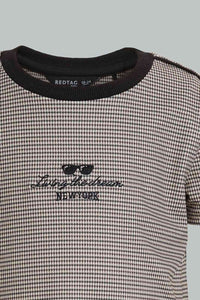Redtag-Brown-Checked-Top-And-Bottom-Short-Set-Sets-Infant-Boys-3 to 24 Months
