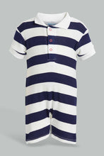 Load image into Gallery viewer, Redtag-Navy-And-White-Stripe-2-Piece-Pack-Polo-Romper-Rompers-Baby-0 to 12 Months
