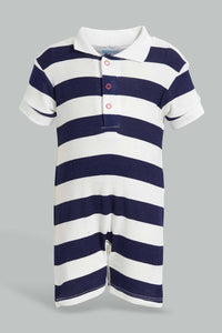 Redtag-Navy-And-White-Stripe-2-Piece-Pack-Polo-Romper-Rompers-Baby-0 to 12 Months