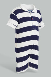 Redtag-Navy-And-White-Stripe-2-Piece-Pack-Polo-Romper-Rompers-Baby-0 to 12 Months