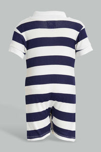 Redtag-Navy-And-White-Stripe-2-Piece-Pack-Polo-Romper-Rompers-Baby-0 to 12 Months