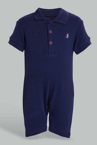 Redtag-Navy-And-White-Stripe-2-Piece-Pack-Polo-Romper-Rompers-Baby-0 to 12 Months