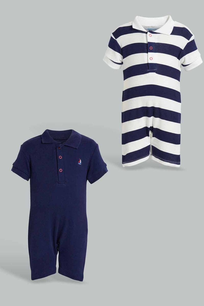 Redtag-Navy-And-White-Stripe-2-Piece-Pack-Polo-Romper-Rompers-Baby-0 to 12 Months