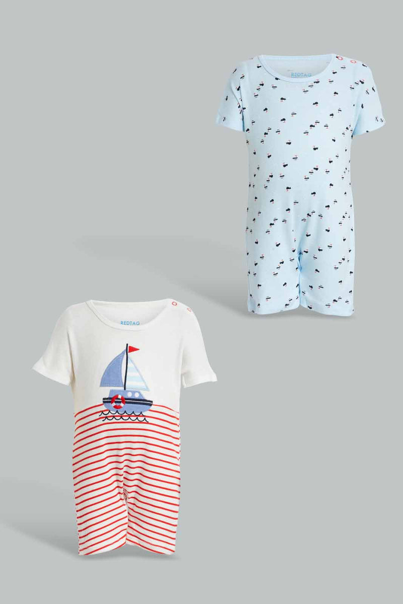 Redtag-White-And-Blue-Boat-Print-2-Piece-Pack-Romper-Rompers-Baby-0 to 12 Months