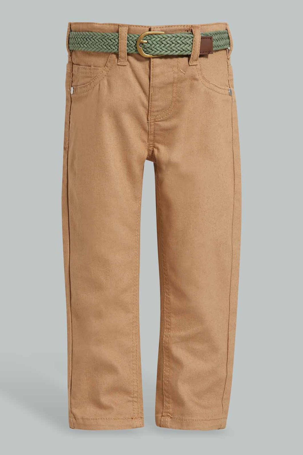 Redtag-Beige-Color-Denim-Pant-With-Belt-Jeans-Slim-Fit-Infant-Boys-3 to 24 Months