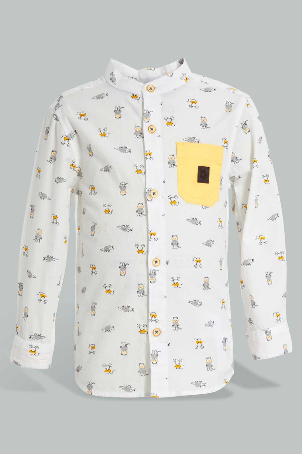 Redtag-White-Printed-Long-Sleeve-Mandarin-Shirt-Casual-Shirts-Infant-Boys-3 to 24 Months