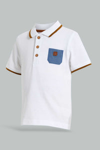 Redtag-White-Pique-Polo-With-Patch-On-Back-Plain-Infant-Boys-3 to 24 Months