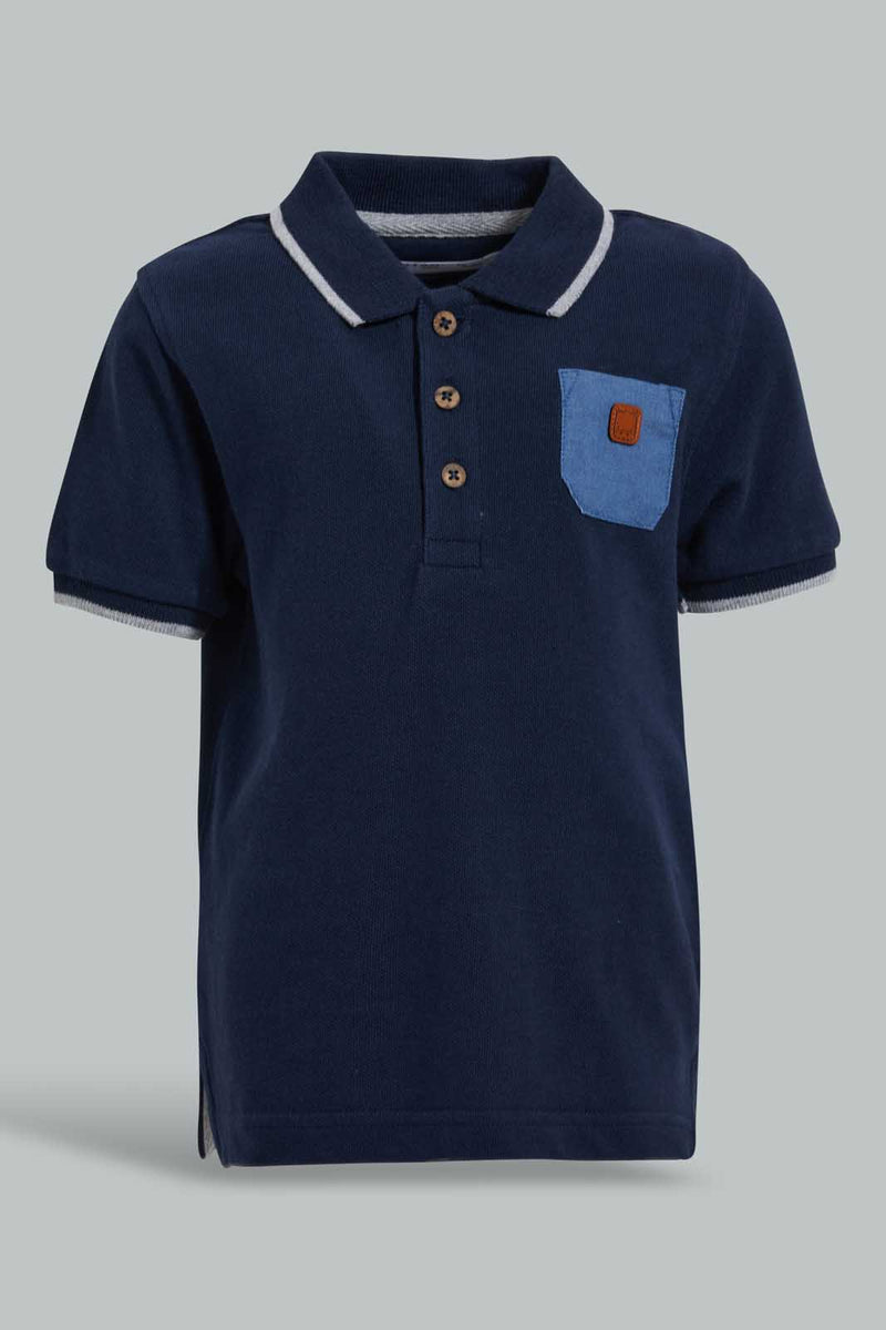 Redtag-Navy-Pique-Polo-With-Patch-On-Back-Plain-Infant-Boys-3 to 24 Months