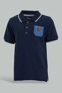 Redtag-Navy-Pique-Polo-With-Patch-On-Back-Plain-Infant-Boys-3 to 24 Months