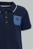 Redtag-Navy-Pique-Polo-With-Patch-On-Back-Plain-Infant-Boys-3 to 24 Months