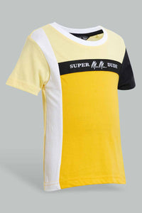 Redtag-Yellow-And-Mustard-Cut-And-Sew-T-Shirt-With-Short-Set-Sets-Infant-Boys-3 to 24 Months