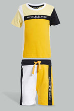 تنزيل الصورة على معرض الصور، Redtag-Yellow-And-Mustard-Cut-And-Sew-T-Shirt-With-Short-Set-Sets-Infant-Boys-3 to 24 Months
