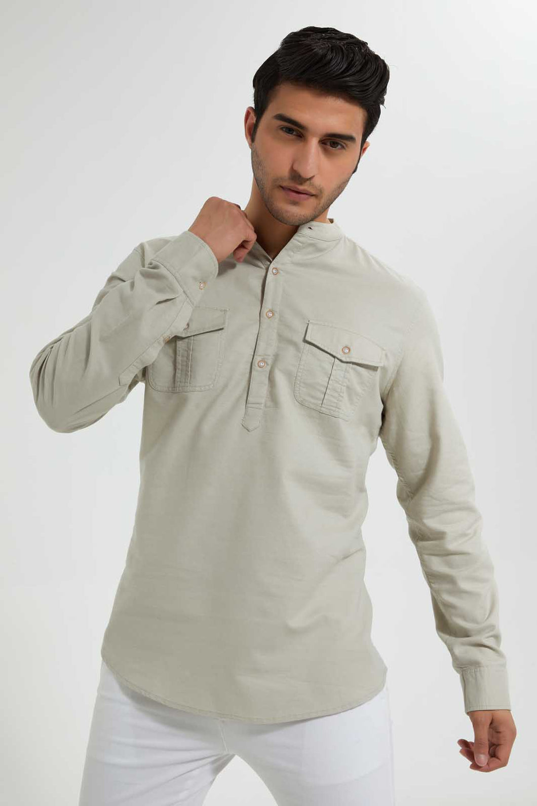 Redtag-Beige-Double-Pocket-Kurta-Casual-Shirts-Men's-