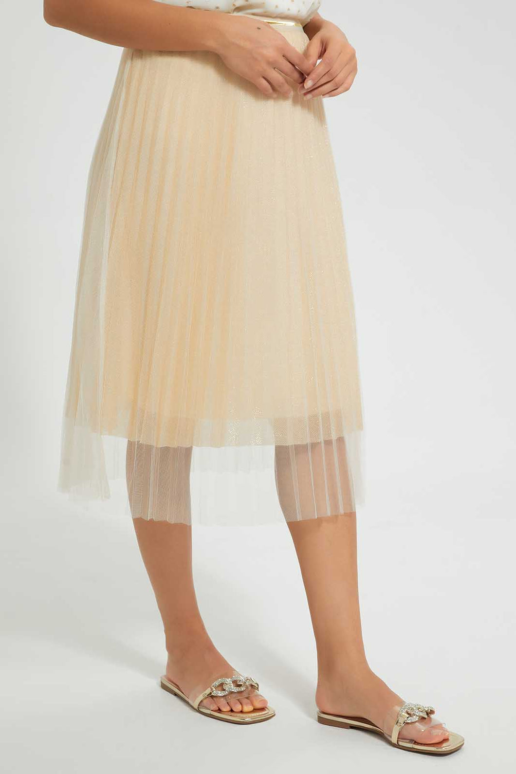 Redtag-Gold-Pleated-Mesh-Skirt-Skirts-Women's-